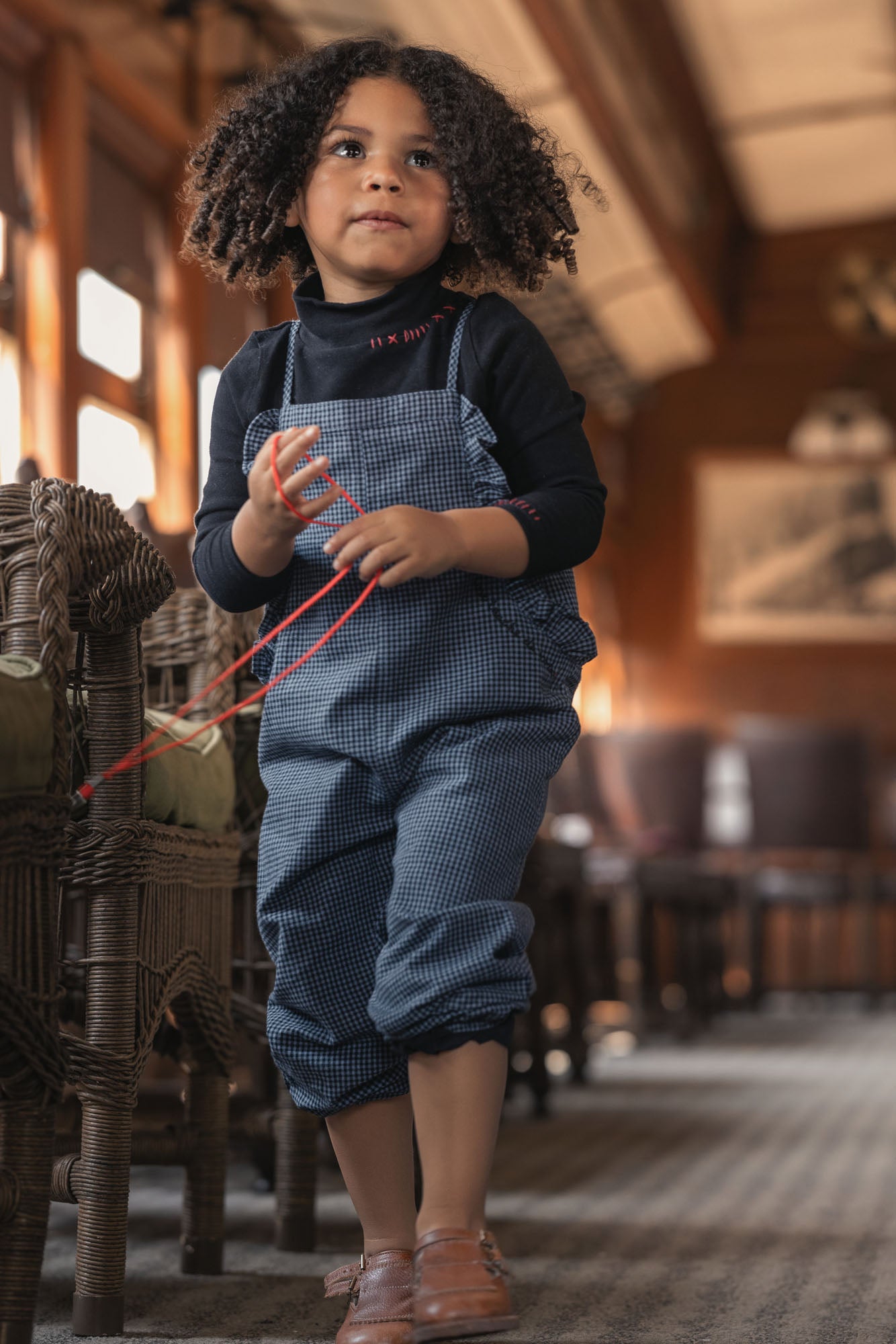 Penny Check Ruffle Dungarees - blue and black