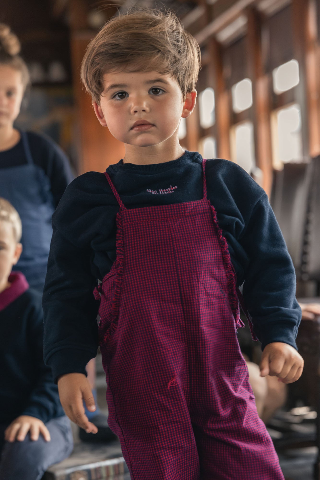 Penny Check Fringe Dungarees- red and navy
