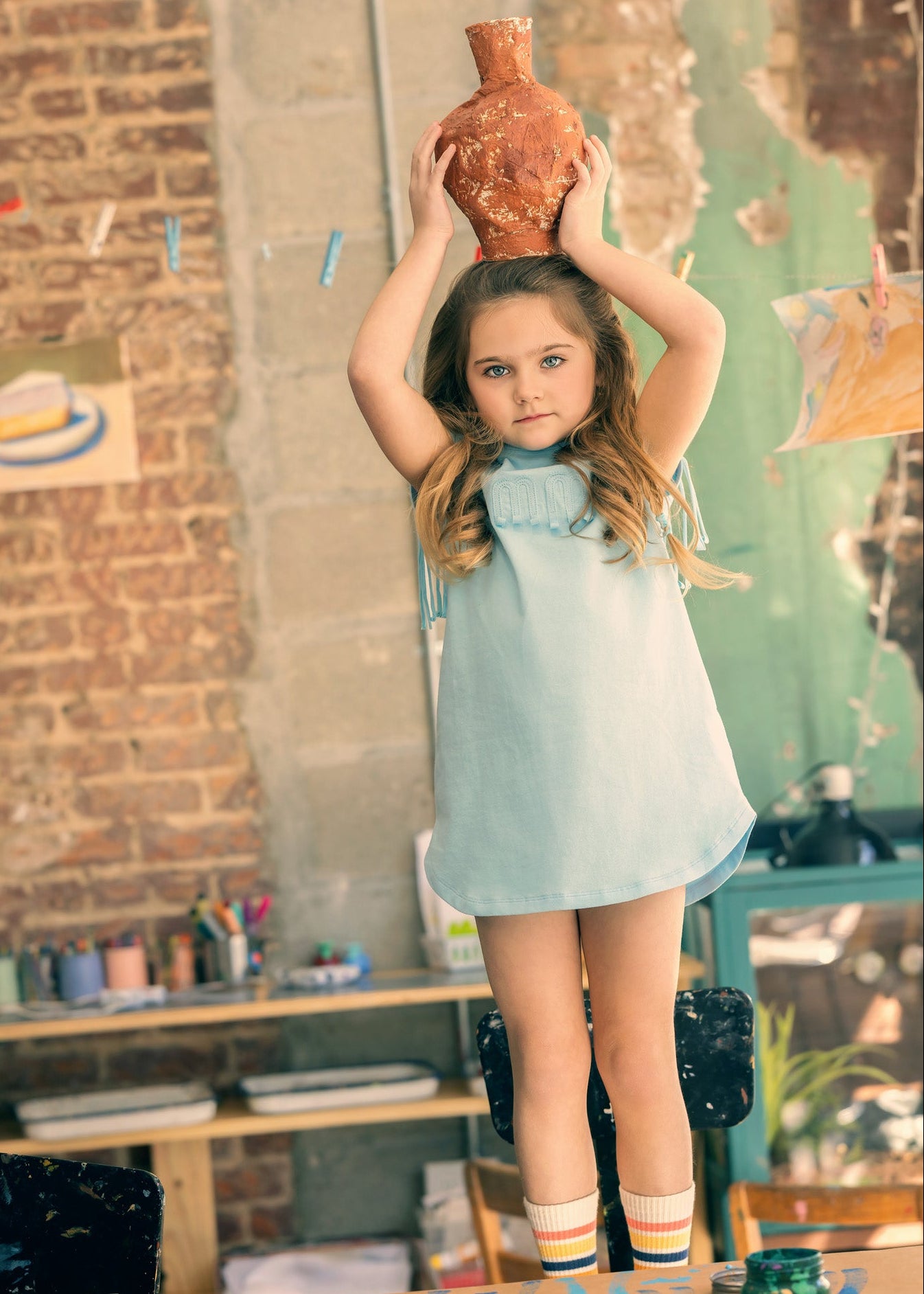 Girls Fringe Play Dress Sky Blue