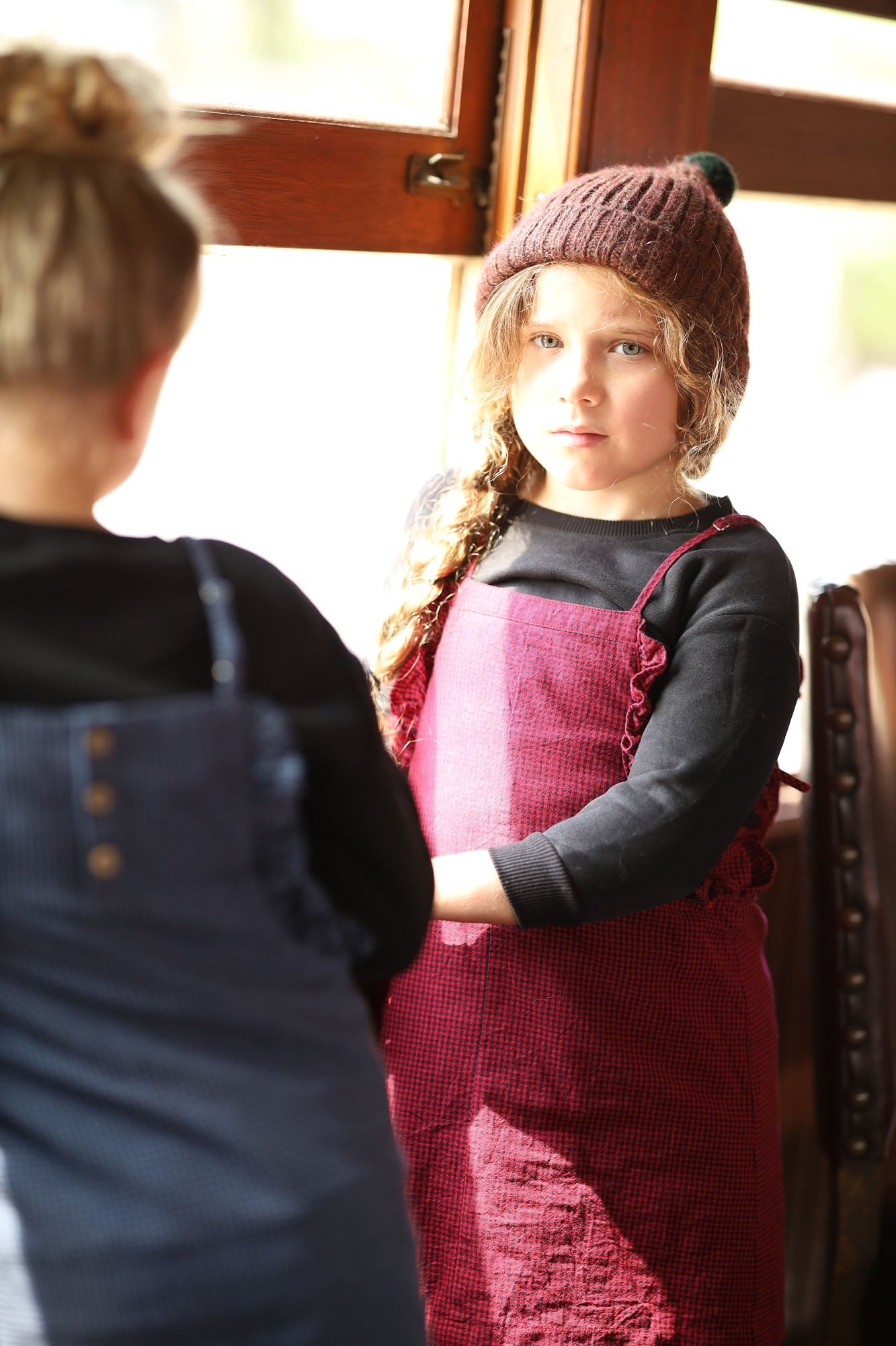 Penny Check Ruffle Pinafore - red and navy